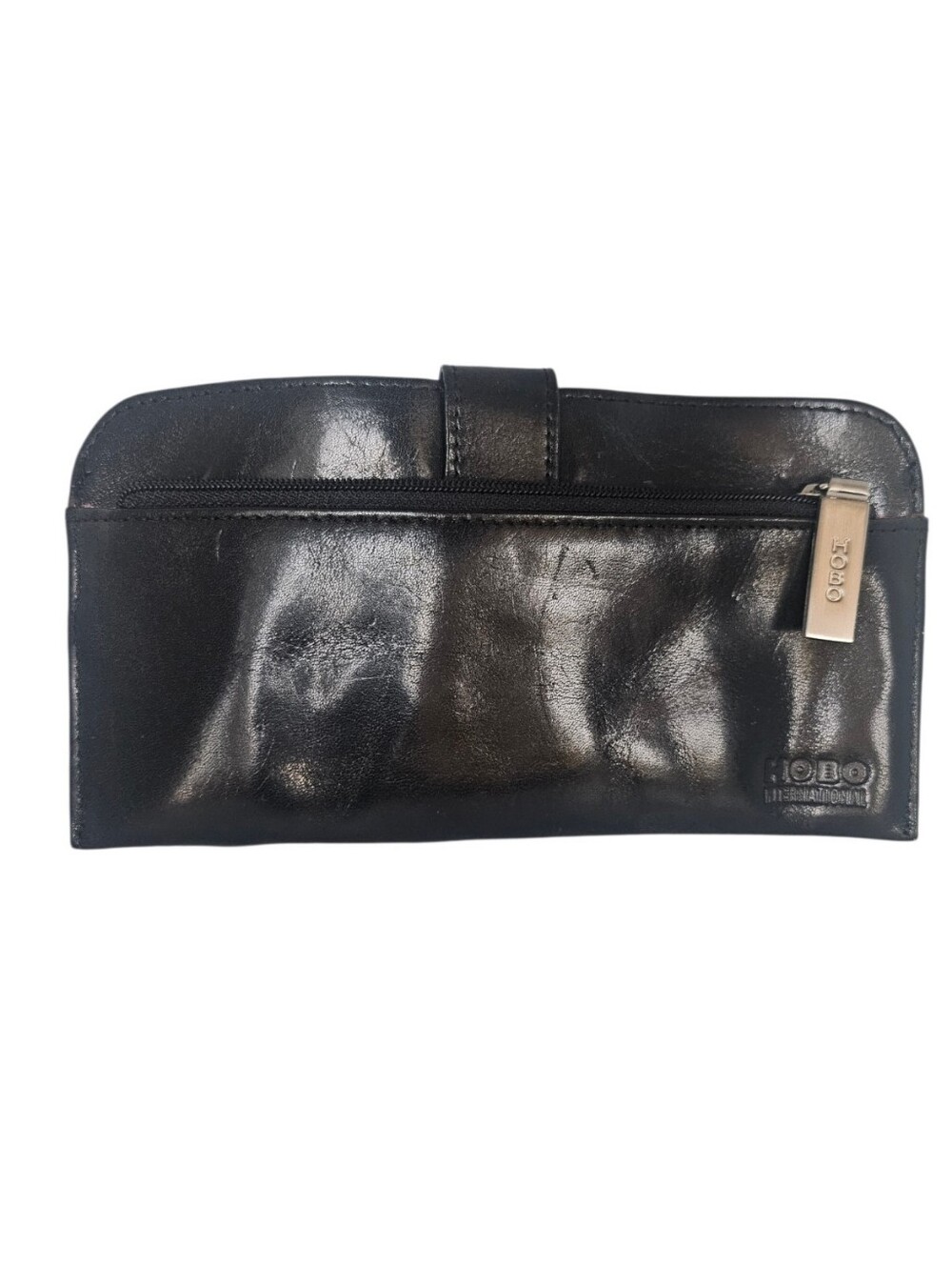 HOBO International Black Zip Wallet Clutch Wrist Chain, Logo, Card Slots